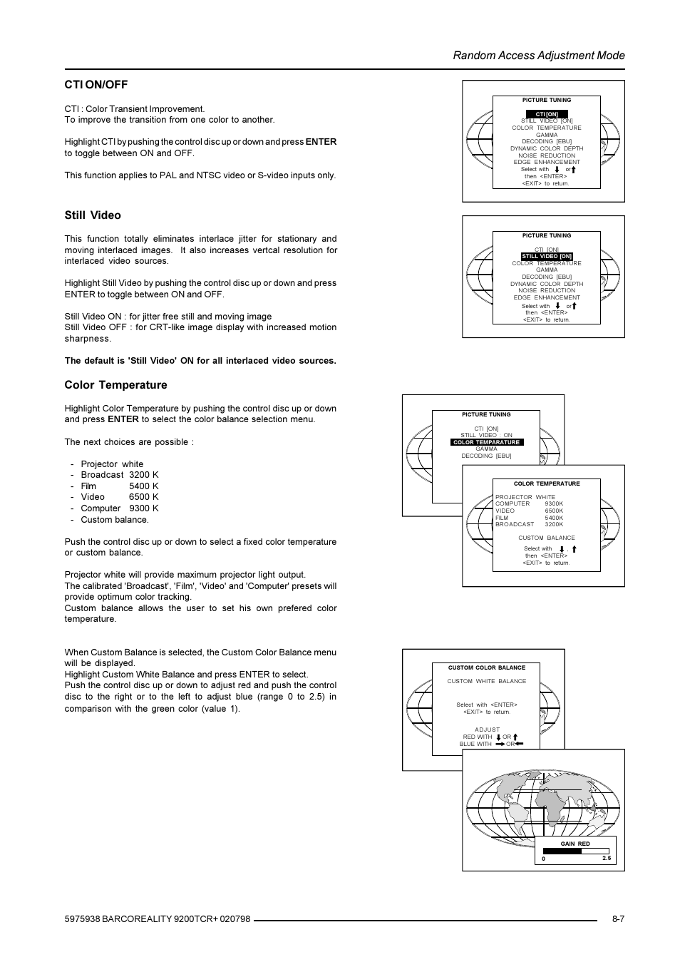 Random access adjustment mode, Cti on/off, Still video | Color temperature | Barco R9001390 User Manual | Page 35 / 59
