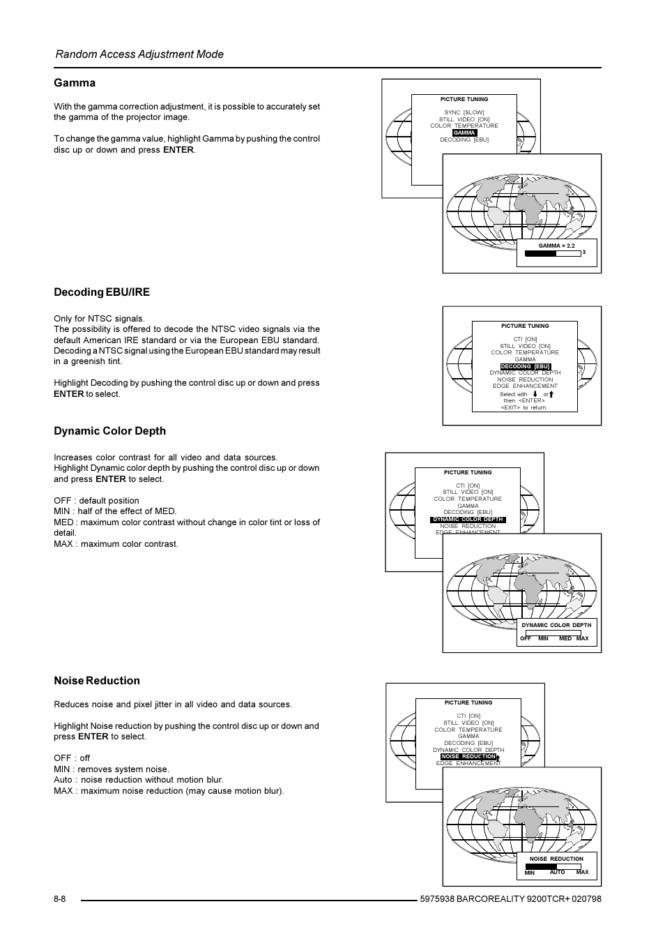 Random access adjustment mode, Dynamic color depth, Gamma | Decoding ebu/ire, Noise reduction | Barco R9001390 User Manual | Page 36 / 59