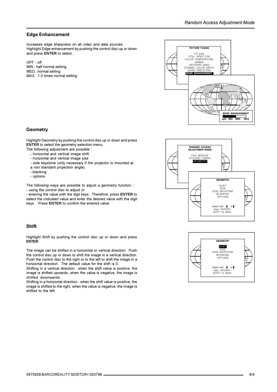 Random access adjustment mode, Edge enhancement, Geometry | Shift | Barco R9001390 User Manual | Page 37 / 59
