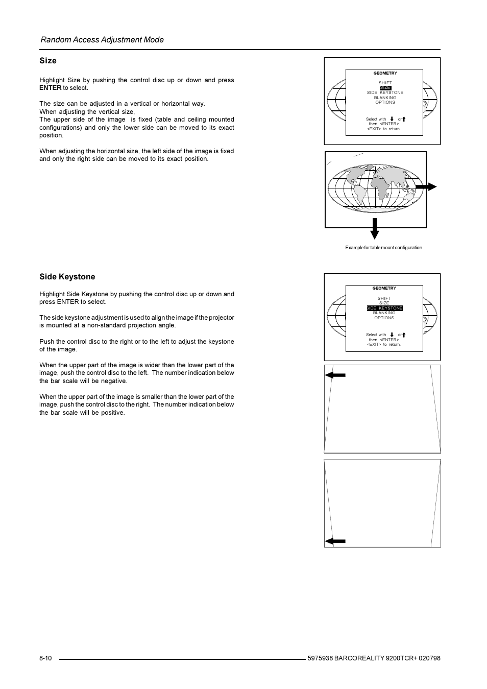 Random access adjustment mode, Size, Side keystone | Barco R9001390 User Manual | Page 38 / 59