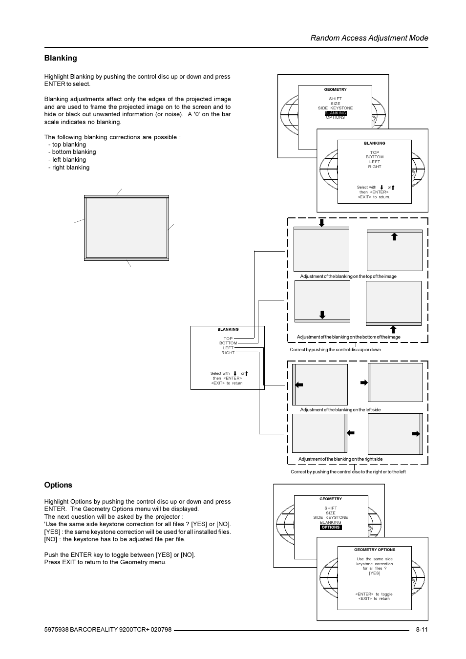 Random access adjustment mode, Options, Blanking | Barco R9001390 User Manual | Page 39 / 59