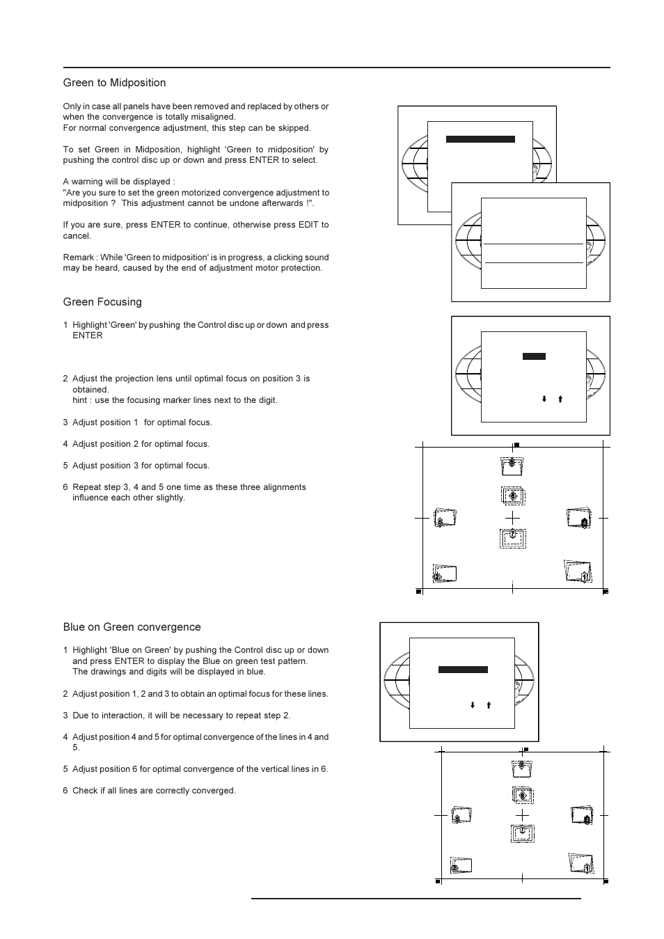 Installation mode, Green to midposition, Green focusing | Blue on green convergence | Barco R9001390 User Manual | Page 43 / 59