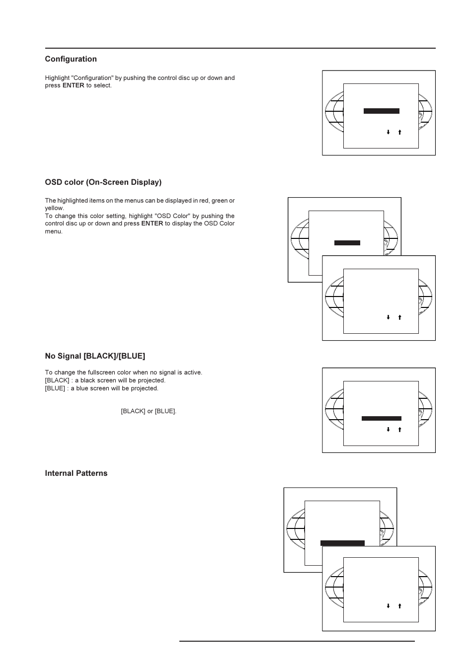 Installation mode, Configuration, Osd color (on-screen display) | No signal [black]/[blue, Internal patterns | Barco R9001390 User Manual | Page 45 / 59