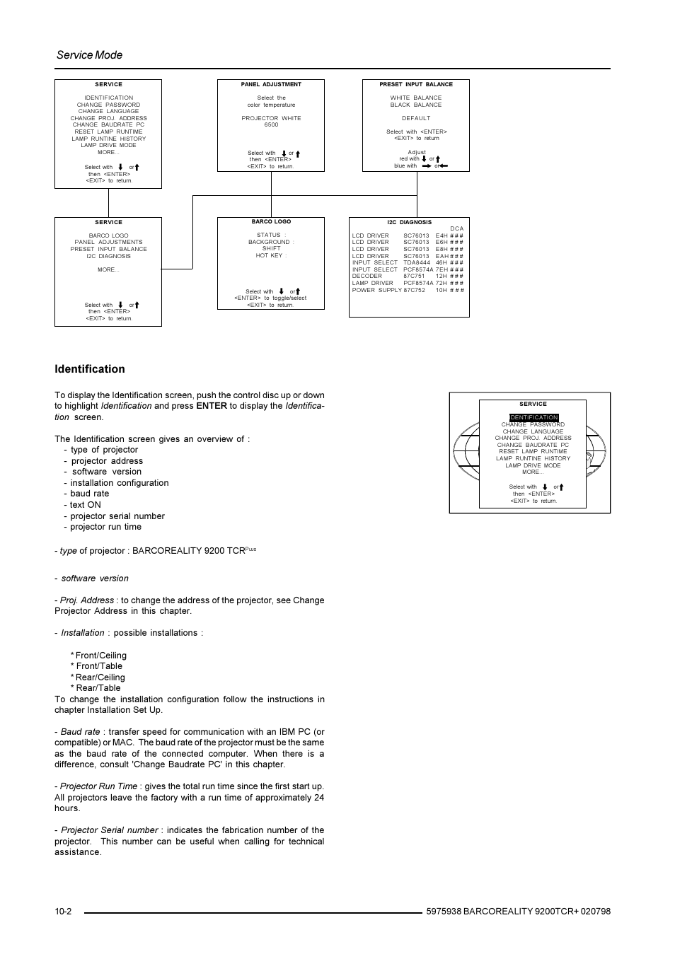 Service mode, Identification | Barco R9001390 User Manual | Page 48 / 59