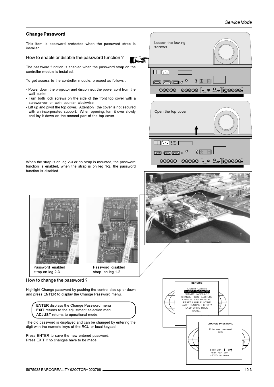 Service mode, Change password, How to enable or disable the password function | How to change the password | Barco R9001390 User Manual | Page 49 / 59