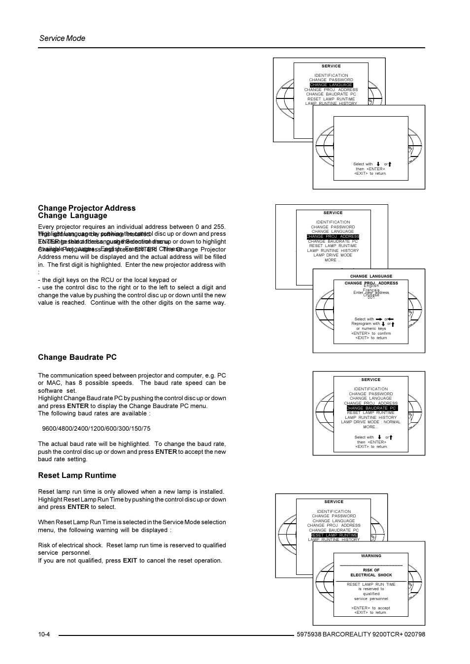 Service mode, Change projector address, Change baudrate pc | Reset lamp runtime, Change language | Barco R9001390 User Manual | Page 50 / 59