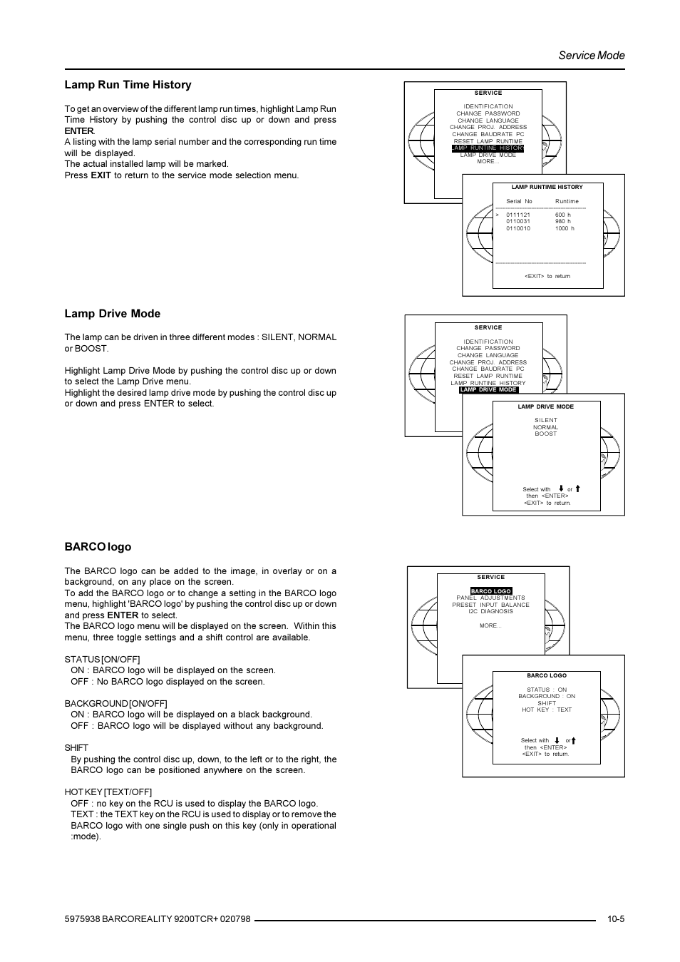 Service mode, Lamp run time history, Lamp drive mode | Barco logo | Barco R9001390 User Manual | Page 51 / 59