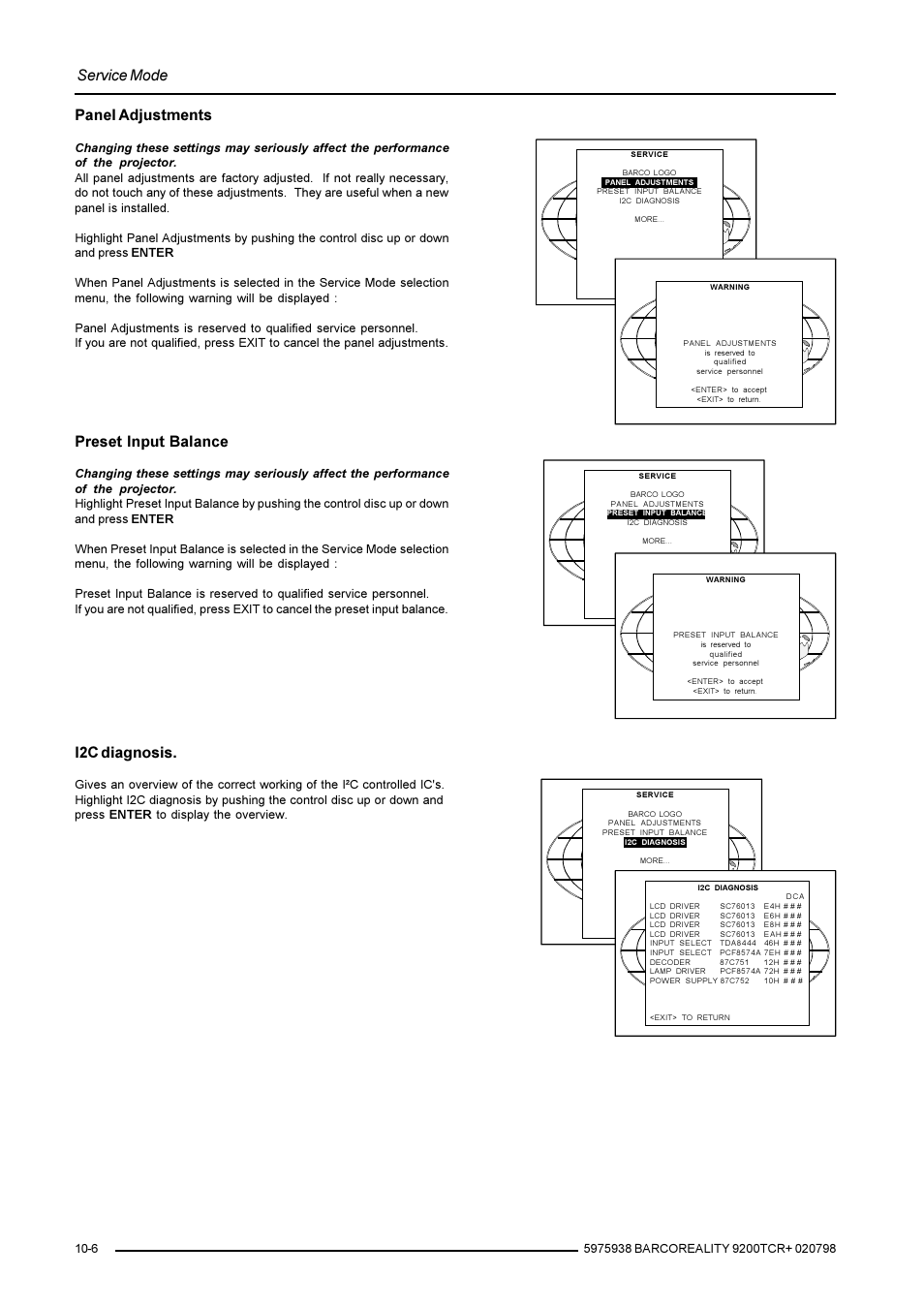 Service mode, I2c diagnosis, Preset input balance | Panel adjustments | Barco R9001390 User Manual | Page 52 / 59