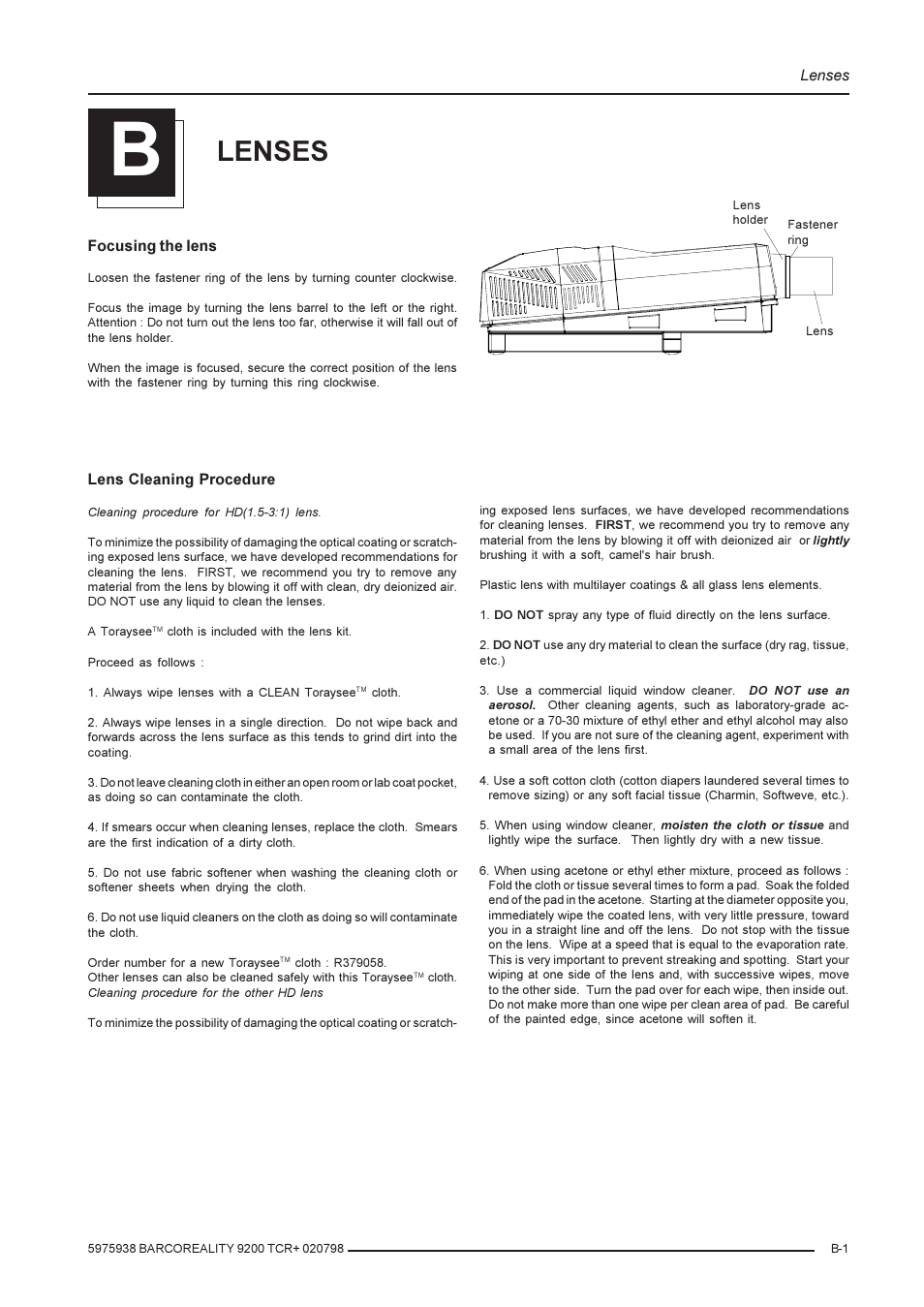 B. lenses, Lenses | Barco R9001390 User Manual | Page 55 / 59