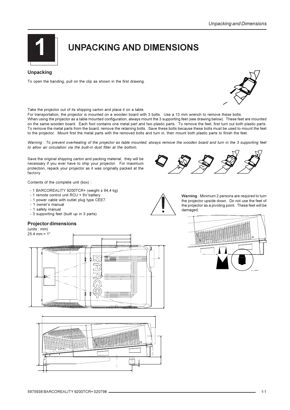 Unpacking and dimensions, Pull to open | Barco R9001390 User Manual | Page 7 / 59