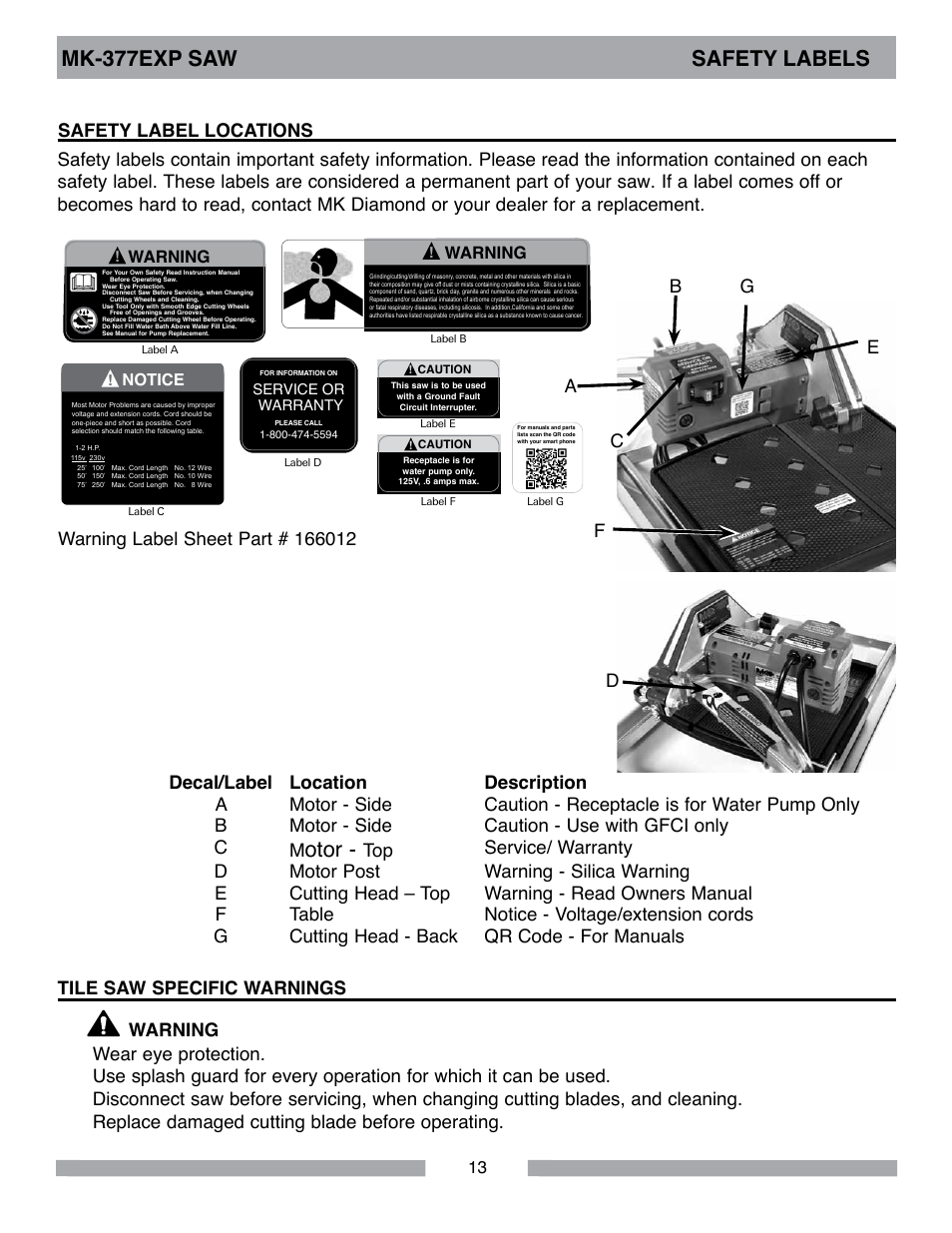Otor, Mk-377exp saw safety labels, Warning | Notice | MK Diamond MK-377EXP User Manual | Page 13 / 40