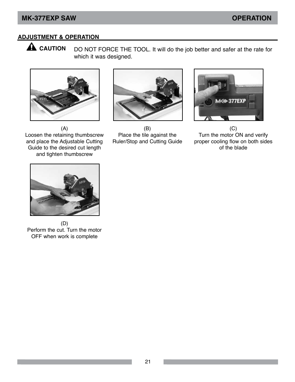 Mk-377exp saw operation | MK Diamond MK-377EXP User Manual | Page 21 / 40