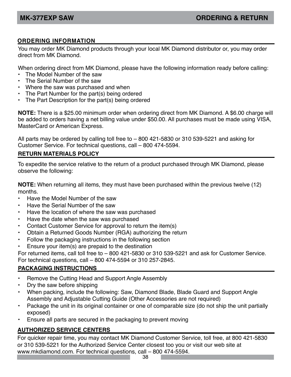 MK Diamond MK-377EXP User Manual | Page 38 / 40