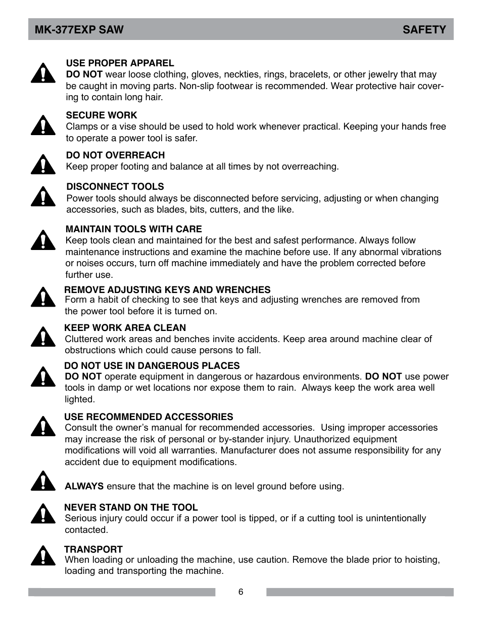 Mk-377exp saw safety | MK Diamond MK-377EXP User Manual | Page 6 / 40