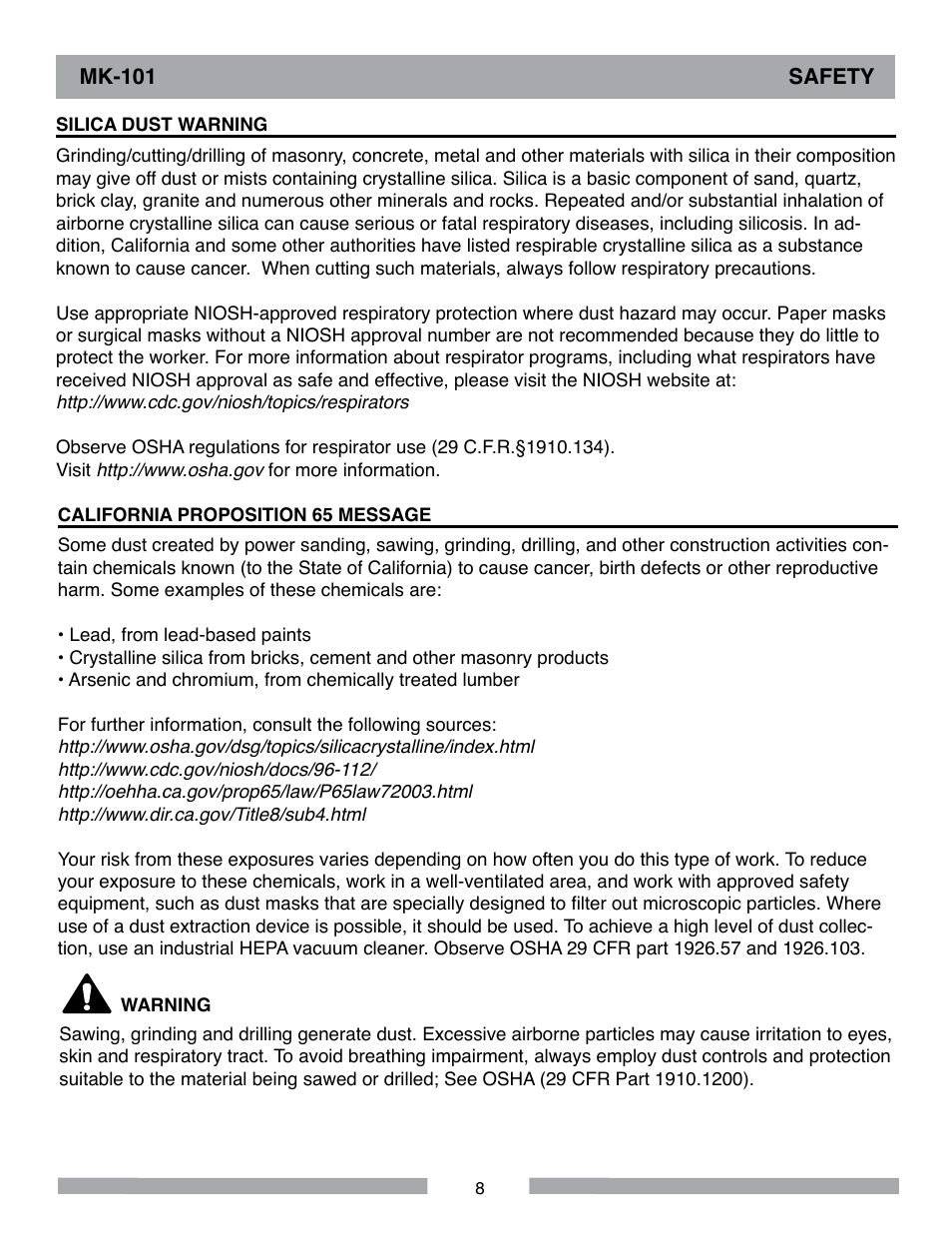 Mk-101 safety | MK Diamond MK-101 User Manual | Page 8 / 56