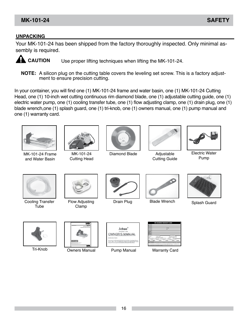 Owner’s manual & operating instructions, Unpacking, Caution | MK Diamond MK-101-24 User Manual | Page 16 / 56