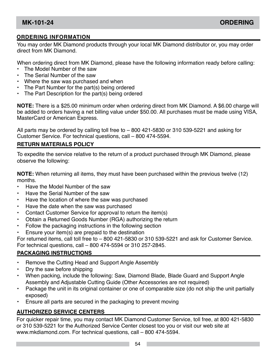 MK Diamond MK-101-24 User Manual | Page 54 / 56