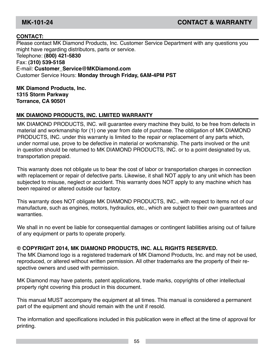 MK Diamond MK-101-24 User Manual | Page 55 / 56