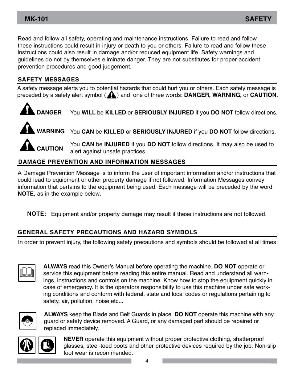 Mk-101 safety | MK Diamond MK-101 Lowes User Manual | Page 4 / 52