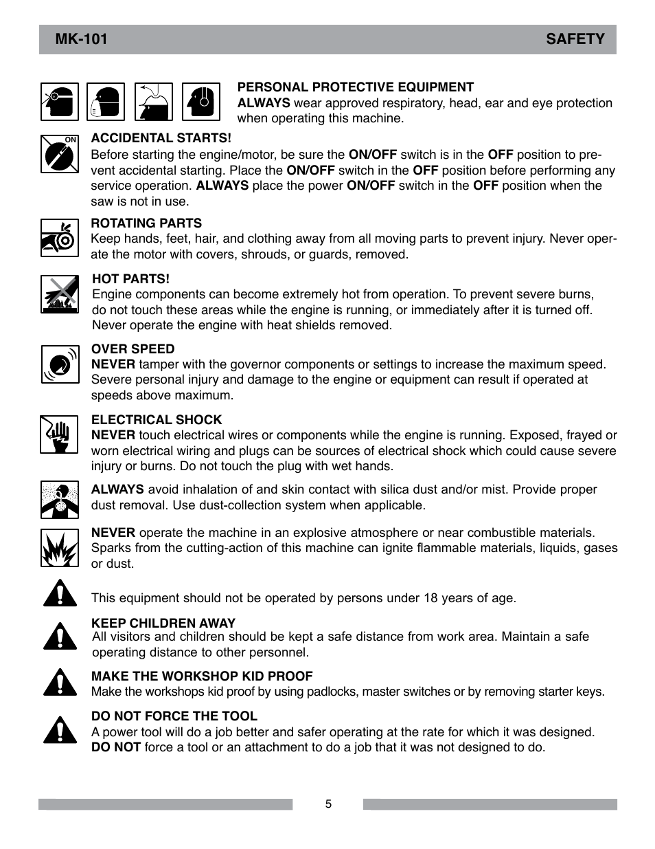Mk-101 safety | MK Diamond MK-101 Lowes User Manual | Page 5 / 52