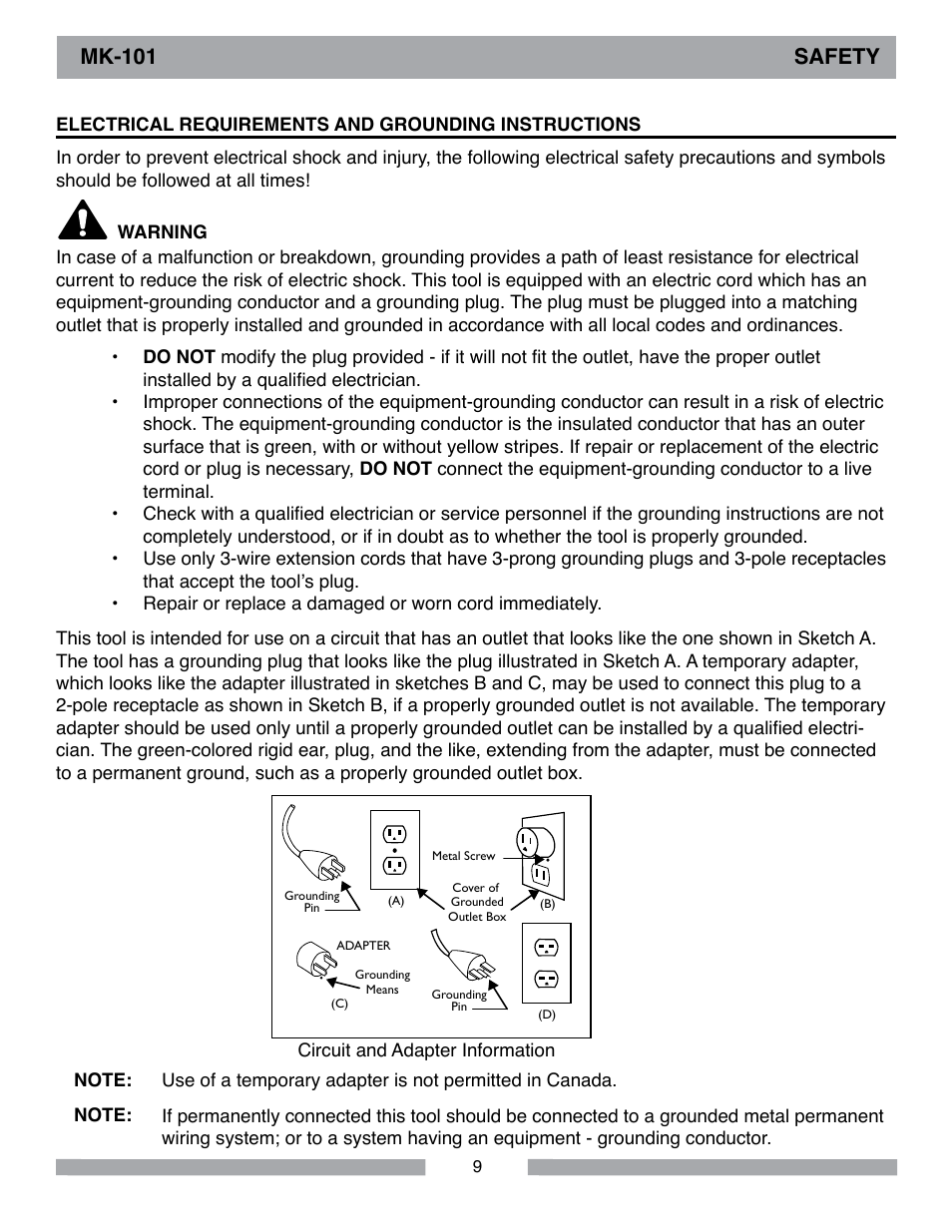 Mk-101 safety | MK Diamond MK-101 Lowes User Manual | Page 9 / 52