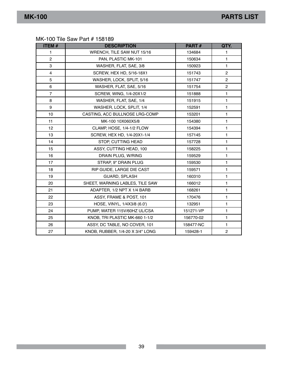 Mk-100 parts list | MK Diamond MK-100 User Manual | Page 39 / 52