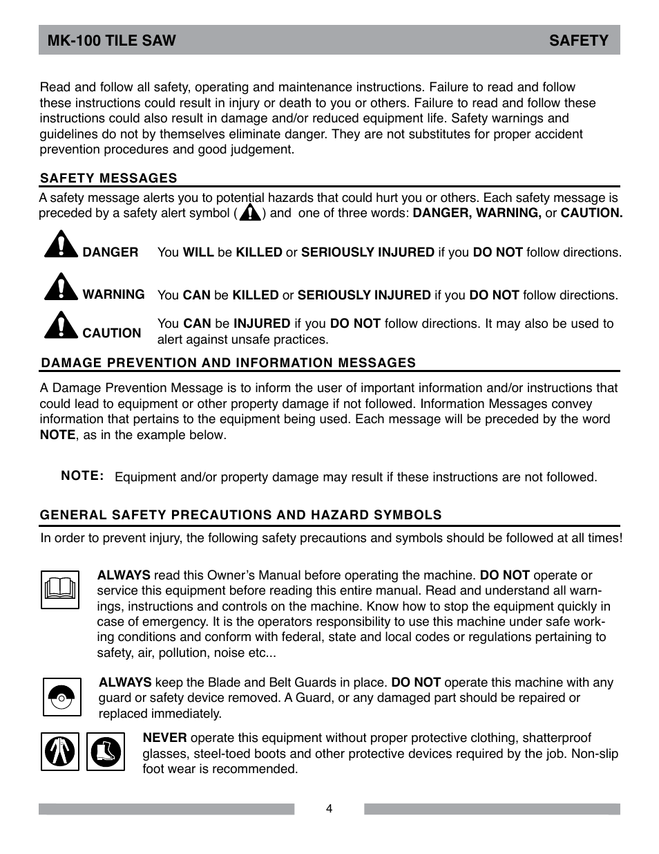 Mk-100 tile saw safety | MK Diamond MK-100 User Manual | Page 4 / 52