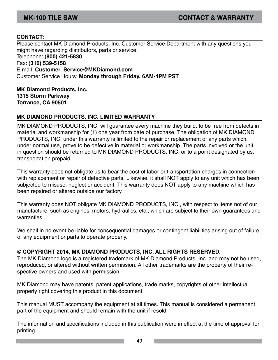 MK Diamond MK-100 User Manual | Page 49 / 52