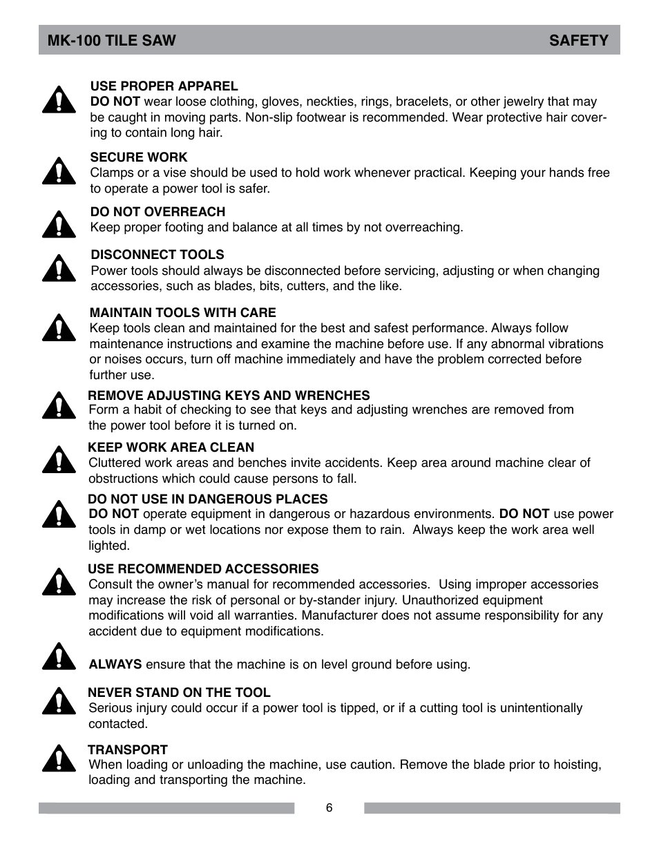 Mk-100 tile saw safety | MK Diamond MK-100 User Manual | Page 6 / 52