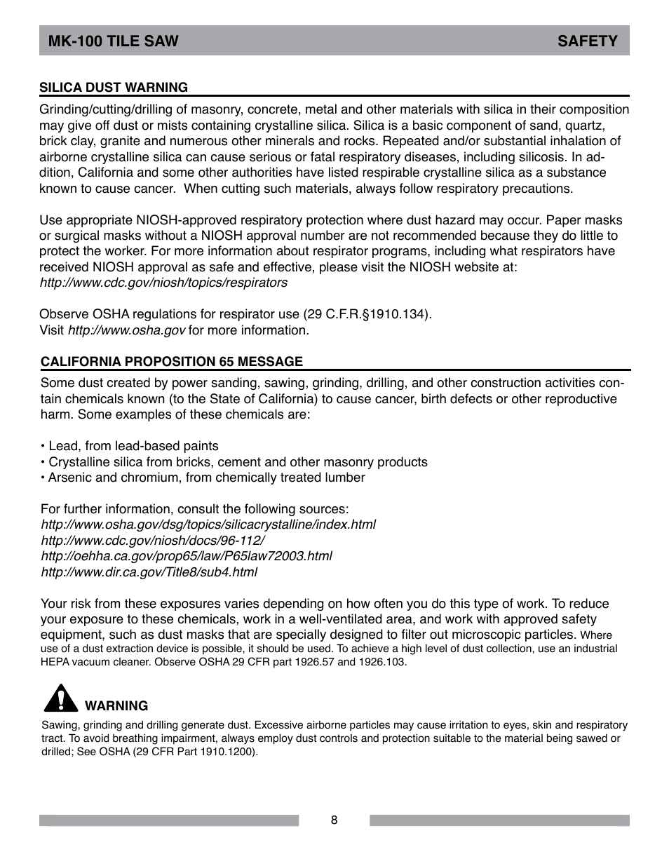 Mk-100 tile saw safety | MK Diamond MK-100 User Manual | Page 8 / 52