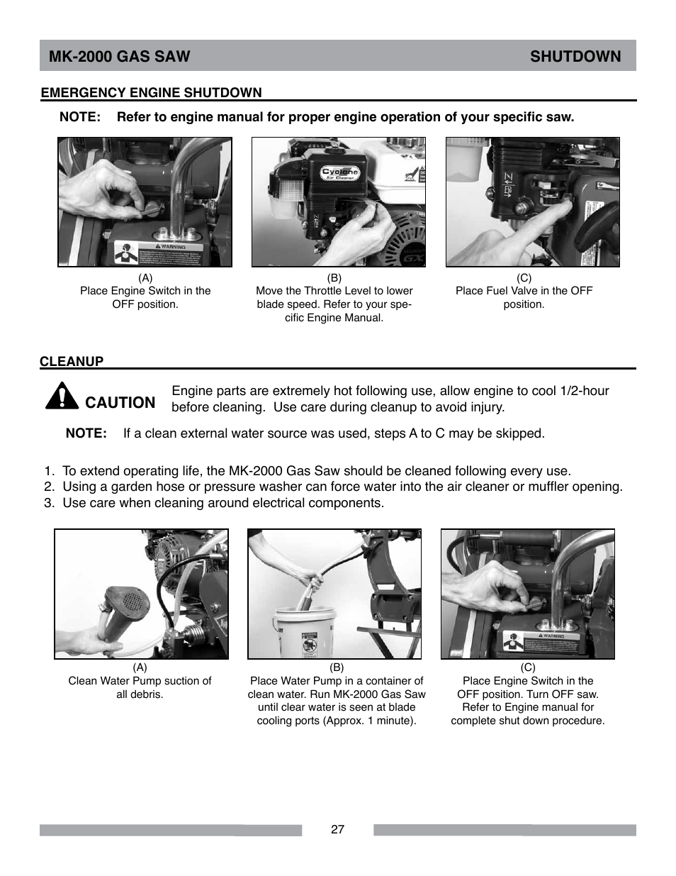 Mk-2000 gas saw shutdown, Caution | MK Diamond MK-2000 Gas Saws User Manual | Page 27 / 60