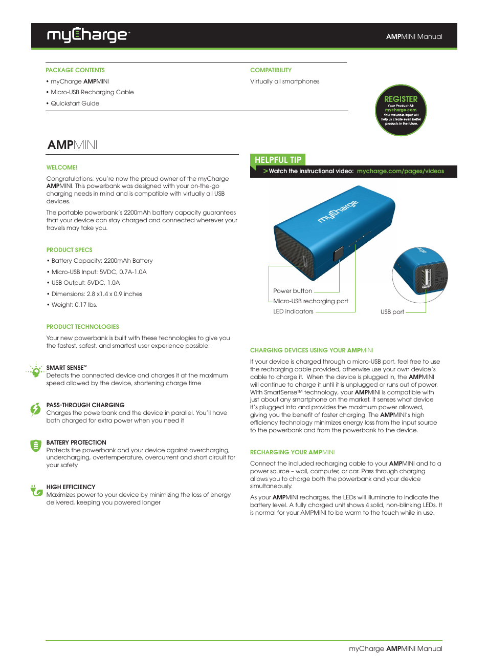 myCharge AmpMini AM22B User Manual | 2 pages