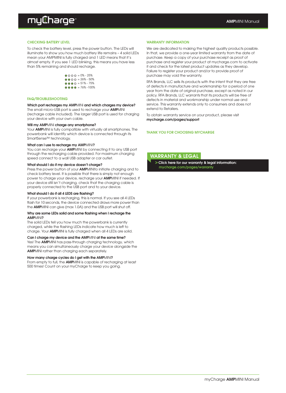 Warranty & legal | myCharge AmpMini AM22B User Manual | Page 2 / 2