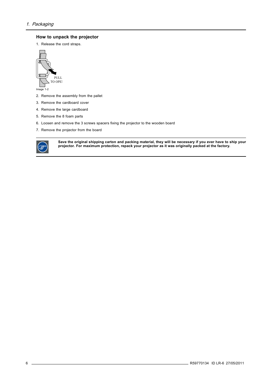 Packaging | Barco ID LR-6 R9010342 User Manual | Page 10 / 135