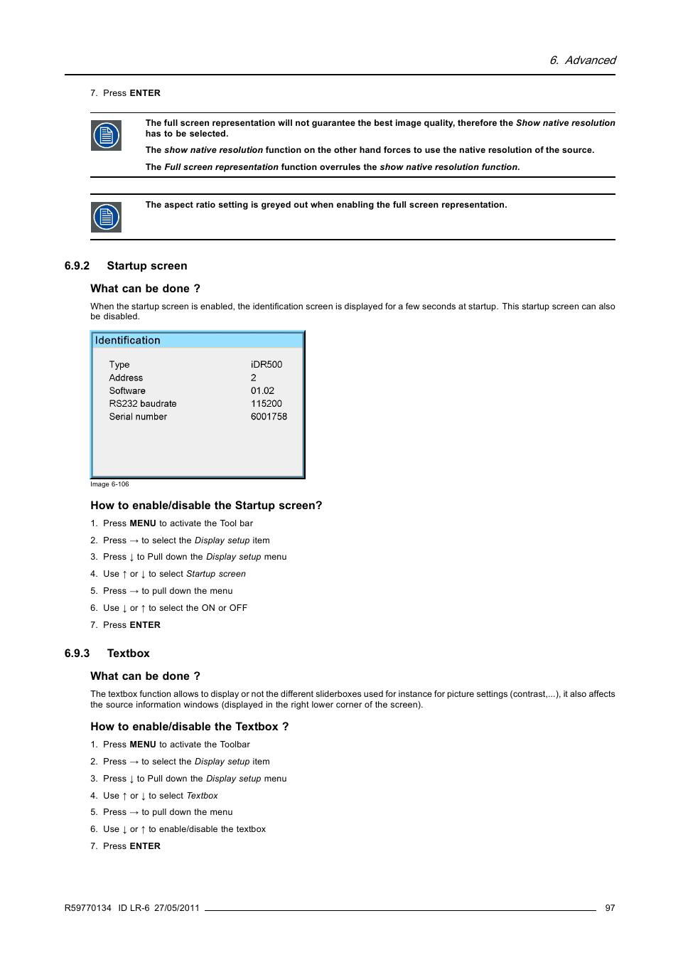 2 startup screen, 3 textbox, Startup screen | Textbox | Barco ID LR-6 R9010342 User Manual | Page 101 / 135