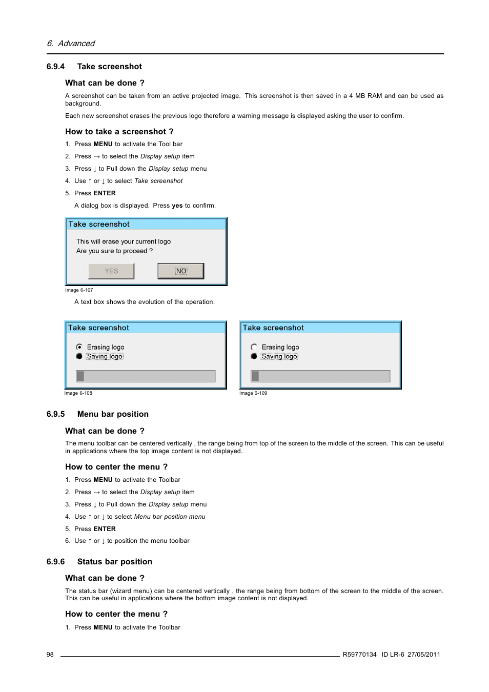 4 take screenshot, 5 menu bar position, 6 status bar position | Take screenshot, Menu bar position, Status bar position | Barco ID LR-6 R9010342 User Manual | Page 102 / 135