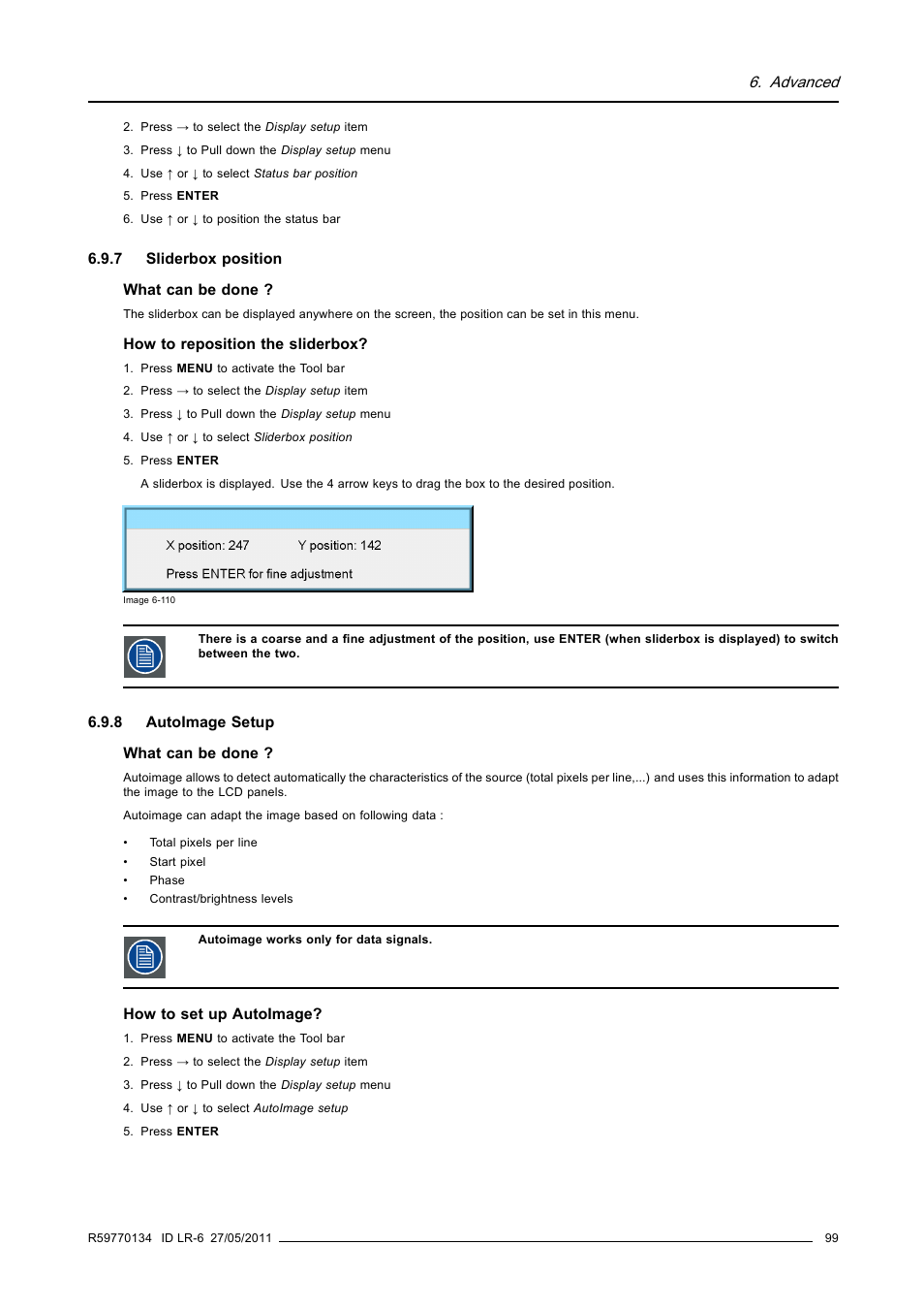 7 sliderbox position, 8 autoimage setup, Sliderbox position | Autoimage setup | Barco ID LR-6 R9010342 User Manual | Page 103 / 135