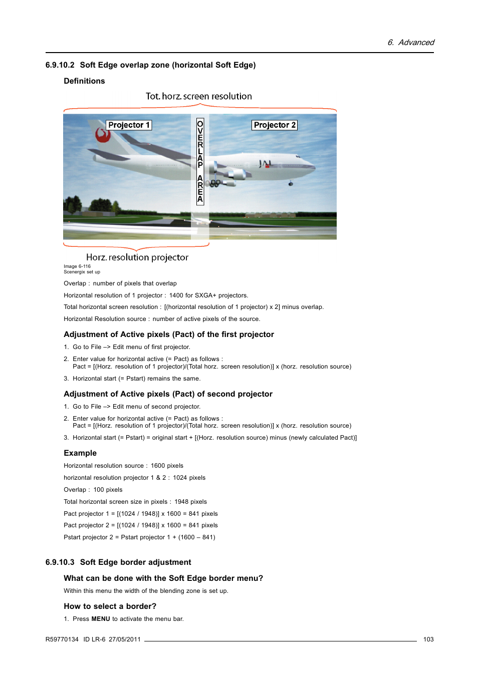 2 soft edge overlap zone (horizontal soft edge), 3 soft edge border adjustment, Soft edge overlap zone (horizontal soft edge) | Soft edge border adjustment | Barco ID LR-6 R9010342 User Manual | Page 107 / 135