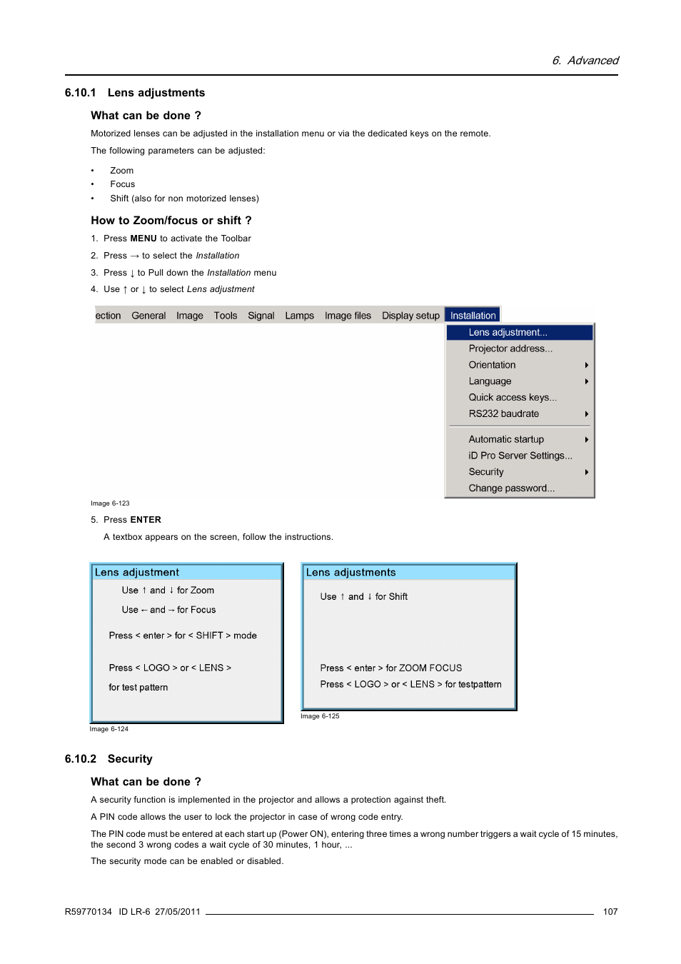 1 lens adjustments, 2 security, 1 lens adjustments 6.10.2 security | Advanced | Barco ID LR-6 R9010342 User Manual | Page 111 / 135