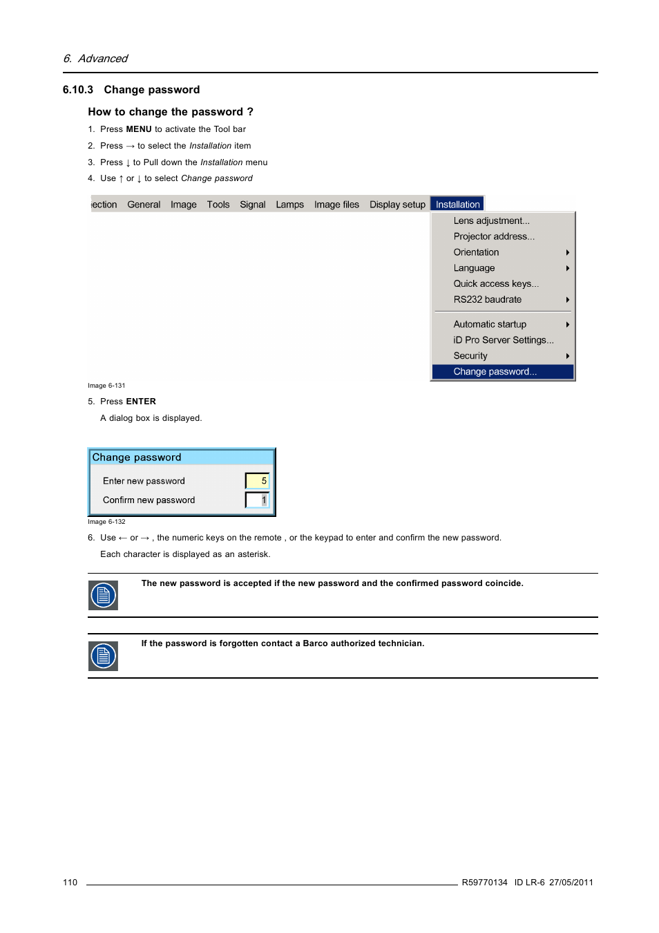 3 change password, Advanced | Barco ID LR-6 R9010342 User Manual | Page 114 / 135