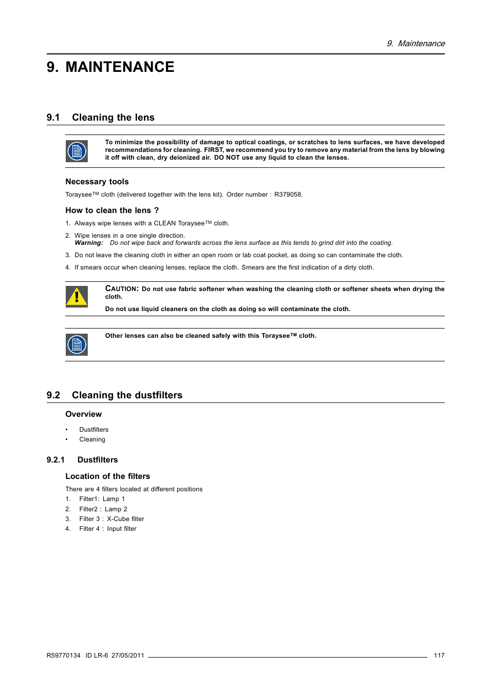 Maintenance, 1 cleaning the lens, 2 cleaning the dustfilters | 1 dustfilters, Cleaning the lens, Cleaning the dustfilters, Dustfilters | Barco ID LR-6 R9010342 User Manual | Page 121 / 135