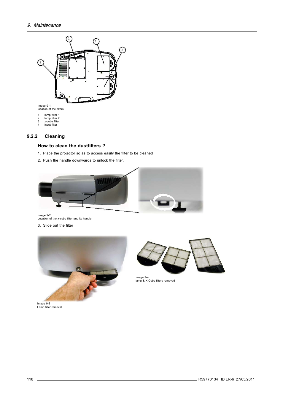2 cleaning, Cleaning, Maintenance | 2 cleaning how to clean the dustfilters | Barco ID LR-6 R9010342 User Manual | Page 122 / 135