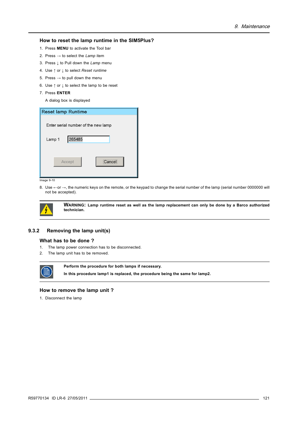 2 removing the lamp unit(s), Removing the lamp unit(s) | Barco ID LR-6 R9010342 User Manual | Page 125 / 135