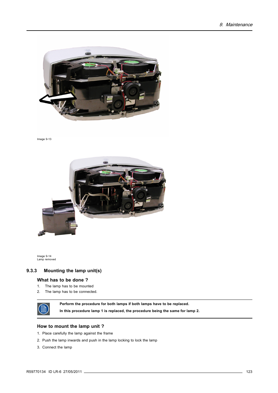 3 mounting the lamp unit(s), Mounting the lamp unit(s) | Barco ID LR-6 R9010342 User Manual | Page 127 / 135