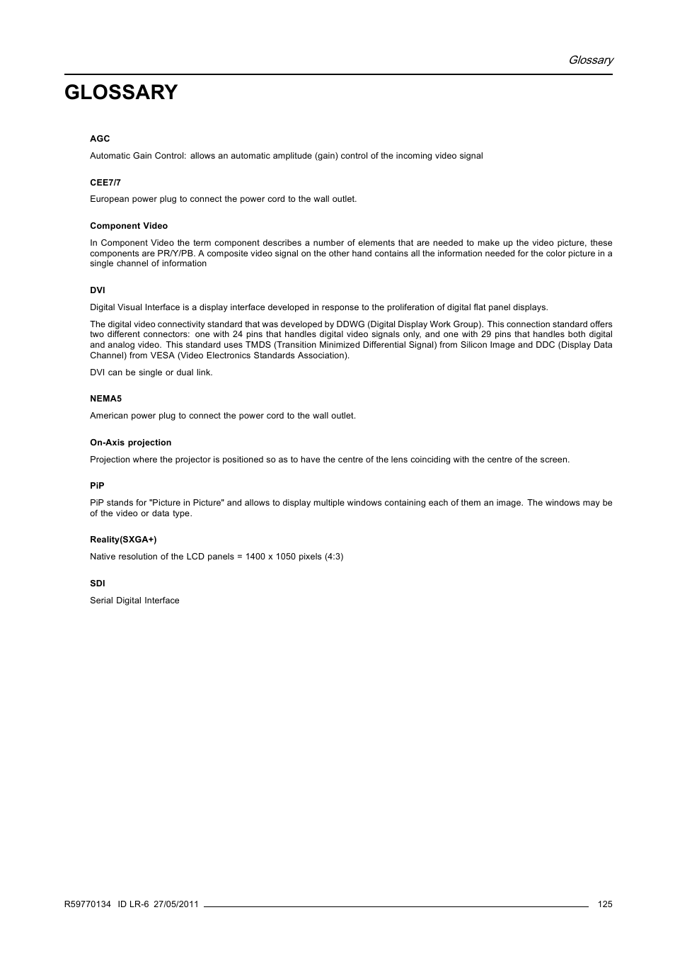 Glossary | Barco ID LR-6 R9010342 User Manual | Page 129 / 135