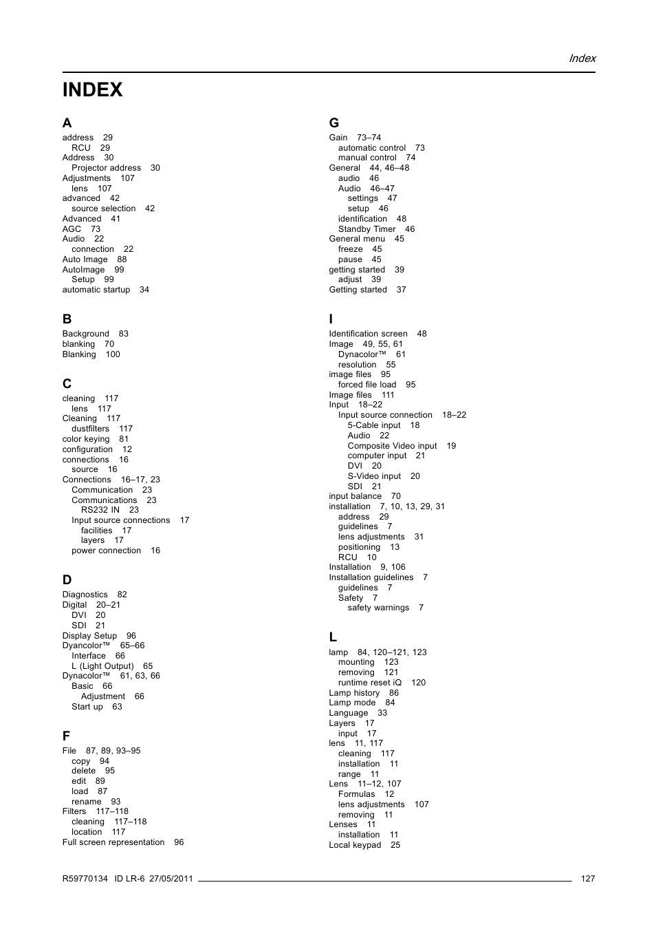 Index | Barco ID LR-6 R9010342 User Manual | Page 131 / 135