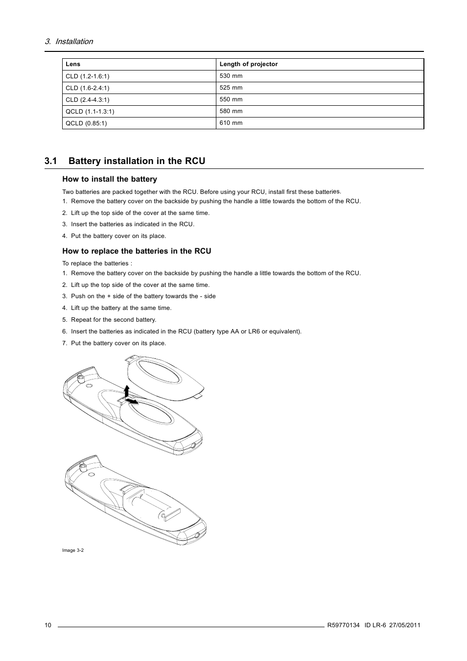 1 battery installation in the rcu, Battery installation in the rcu | Barco ID LR-6 R9010342 User Manual | Page 14 / 135