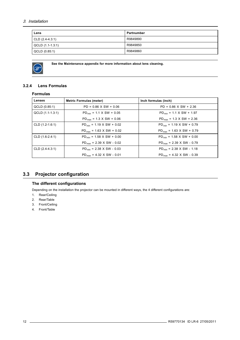 4 lens formulas, 3 projector configuration, Lens formulas | Projector configuration, Installation | Barco ID LR-6 R9010342 User Manual | Page 16 / 135