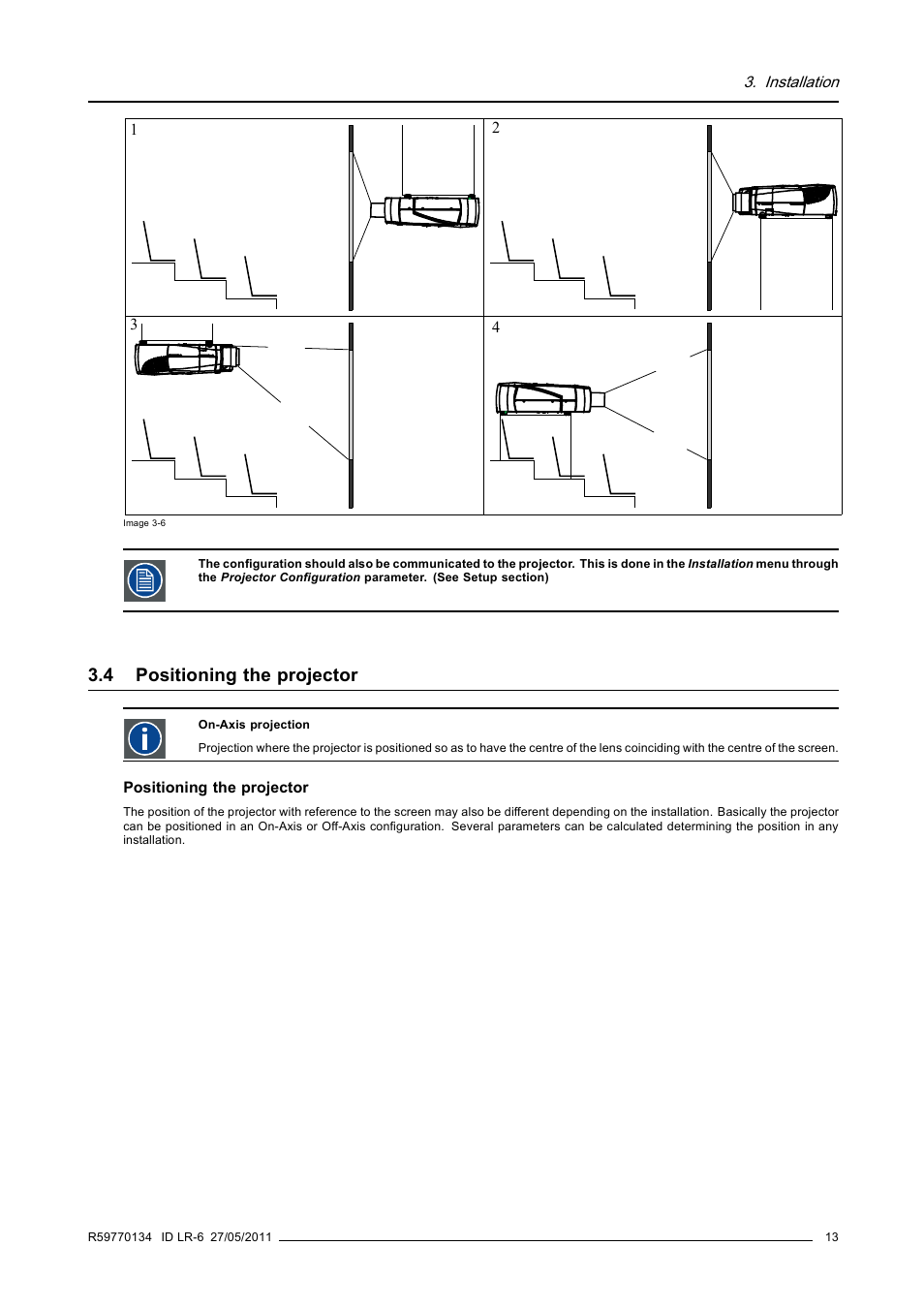 4 positioning the projector, Positioning the projector | Barco ID LR-6 R9010342 User Manual | Page 17 / 135