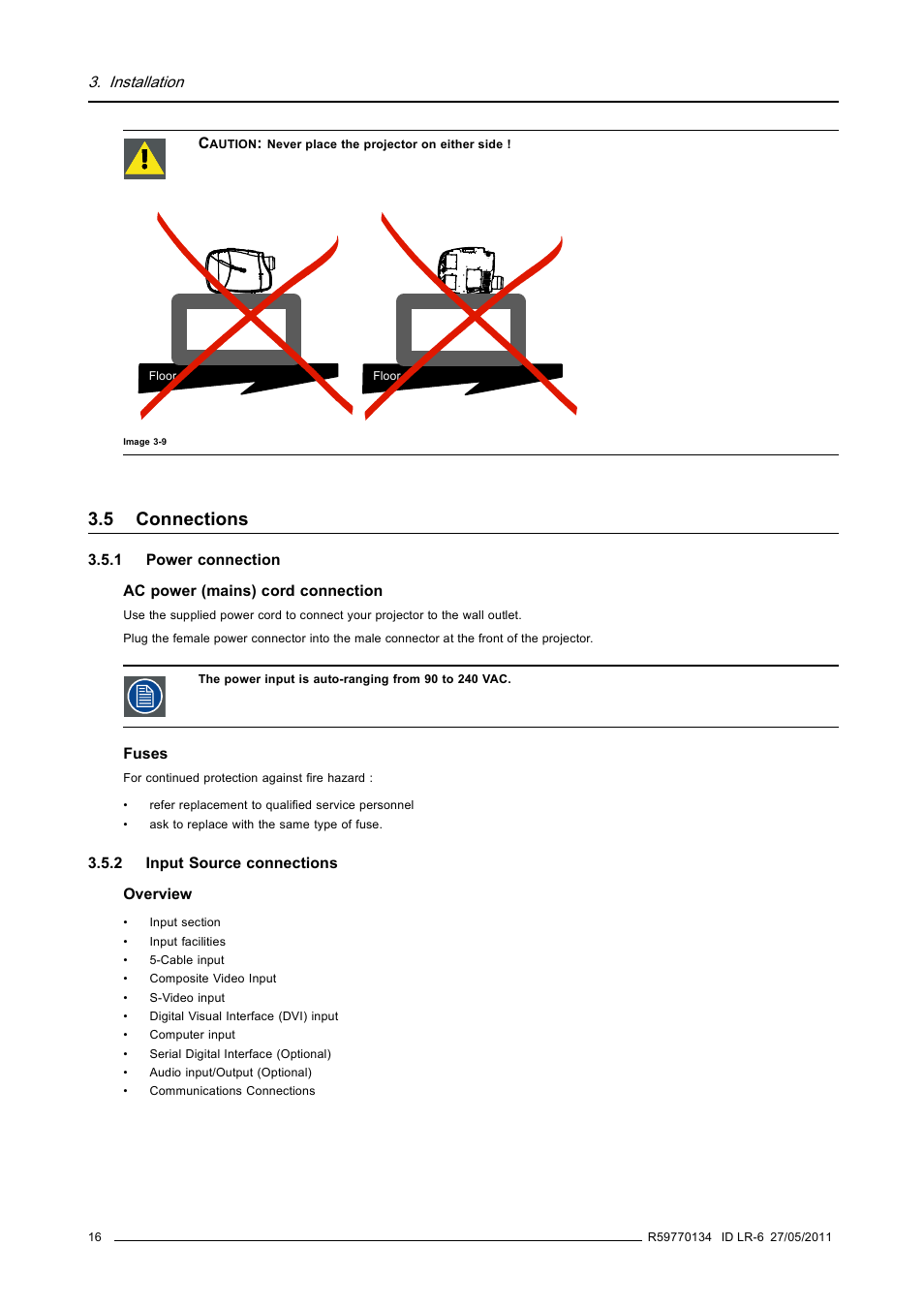 5 connections, 1 power connection, 2 input source connections | Connections, Power connection, Input source connections | Barco ID LR-6 R9010342 User Manual | Page 20 / 135